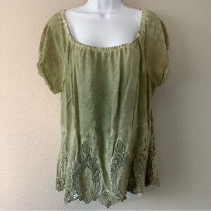 Green Cottagecore Lace Cutout Fairycore Bohemian Fairy Peasant Blouse M Boho